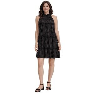 Black White Polka Dot Ruffle Neck Halter Tiered Dress Casual Chic